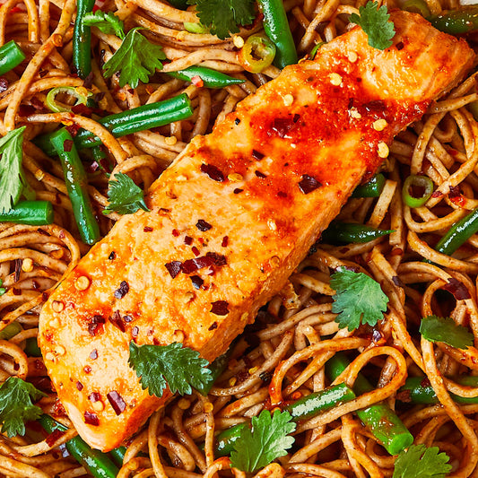 Peri-Peri Salmon with Sweet Chilli Noodles & Baby Spinach