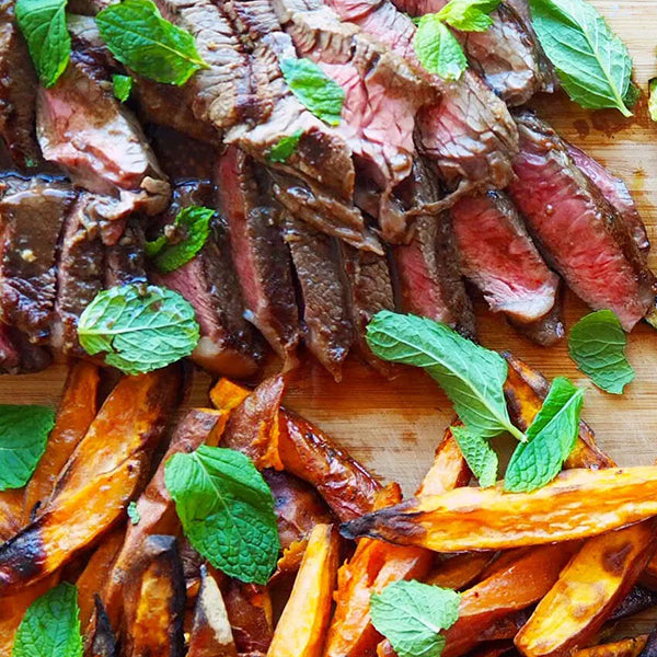 Rump Steak with Sweet Potato Fries, Broccoli & Greens